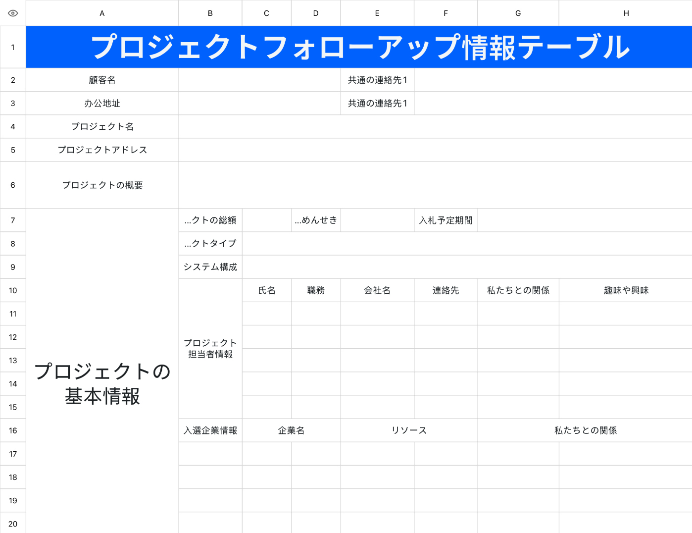 プロジェクトフォローアップ情報テーブル