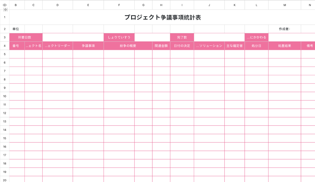 プロジェクト争議事項統計表