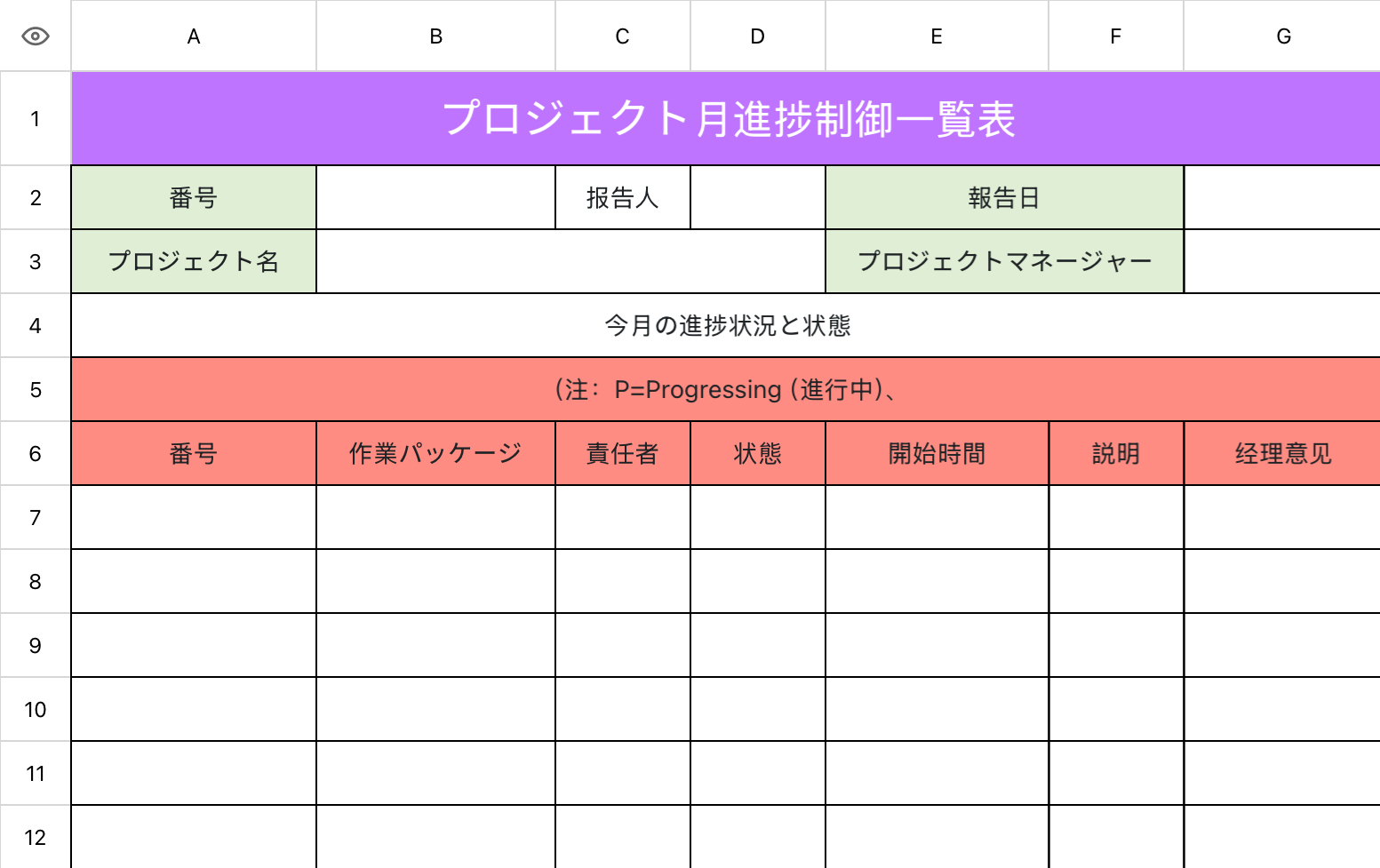 プロジェクト月進捗制御一覧表