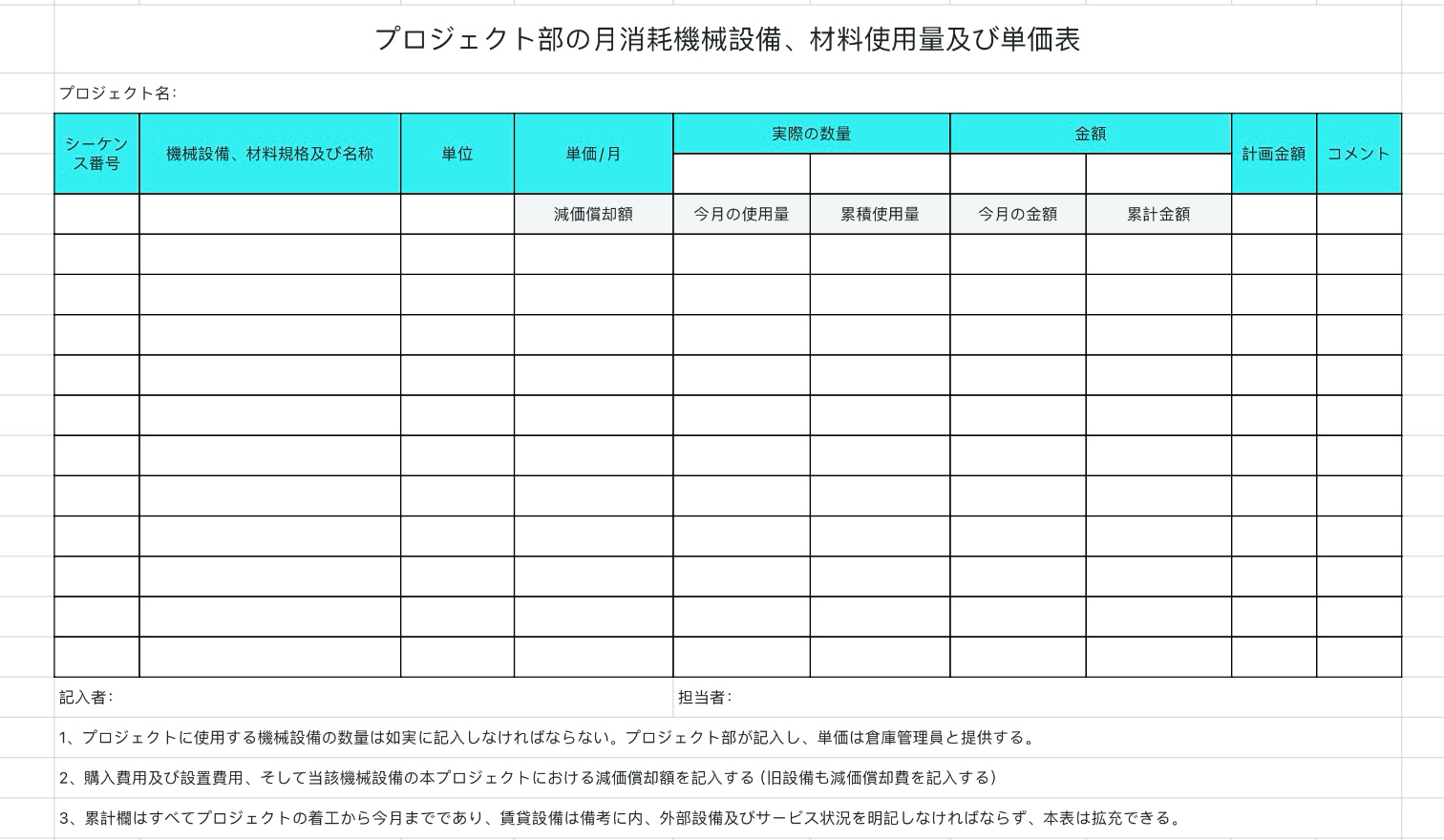 プロジェクト部月消耗材料単価表