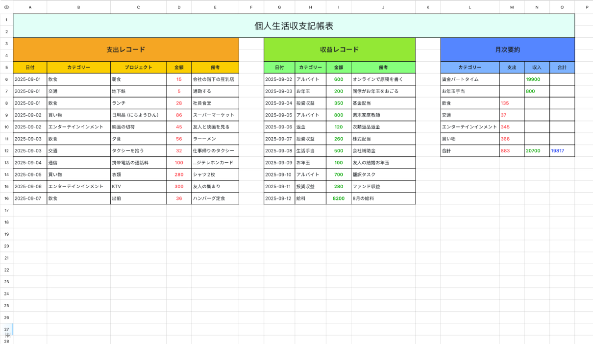 個人生活収支記帳表