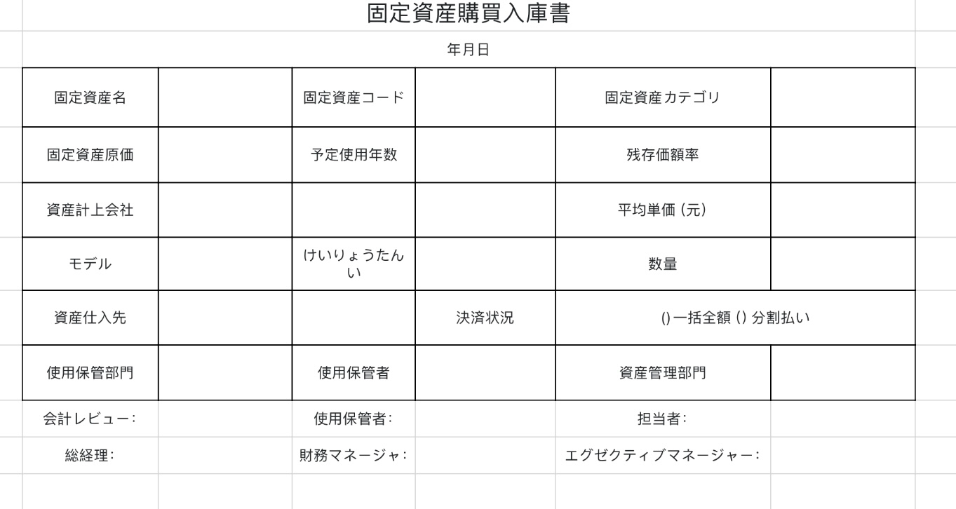 固定資産購買入庫書