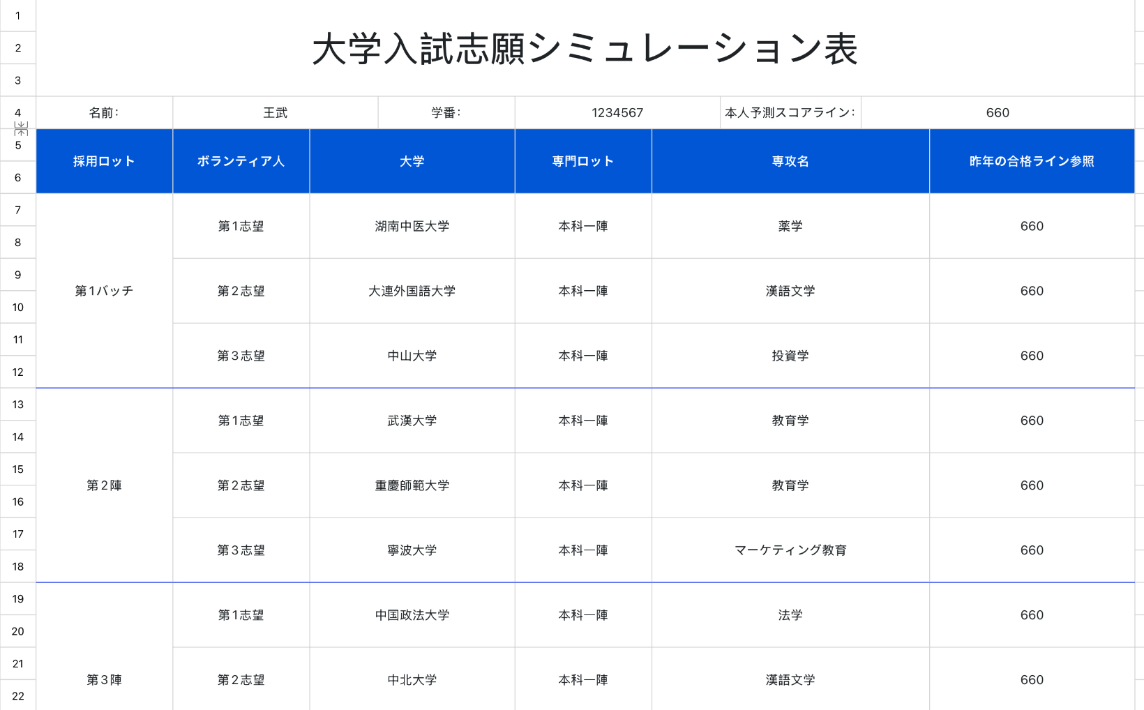 大学入試志願シミュレーション表