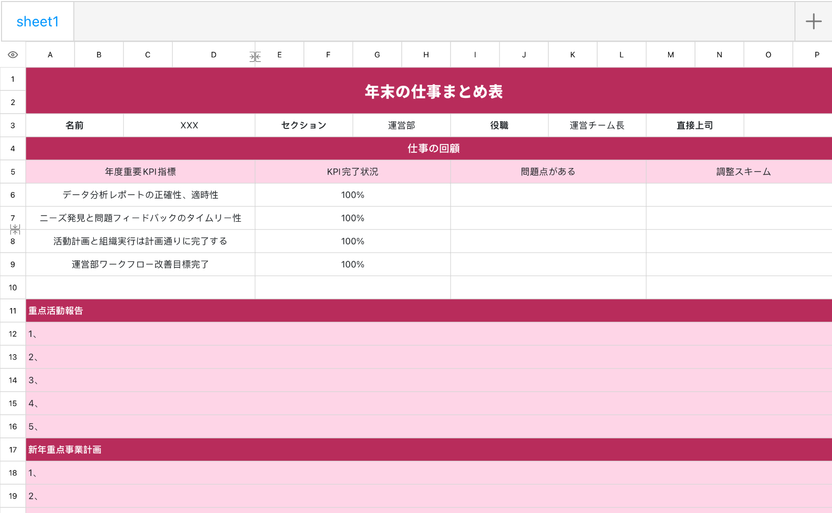 年末の仕事まとめ表