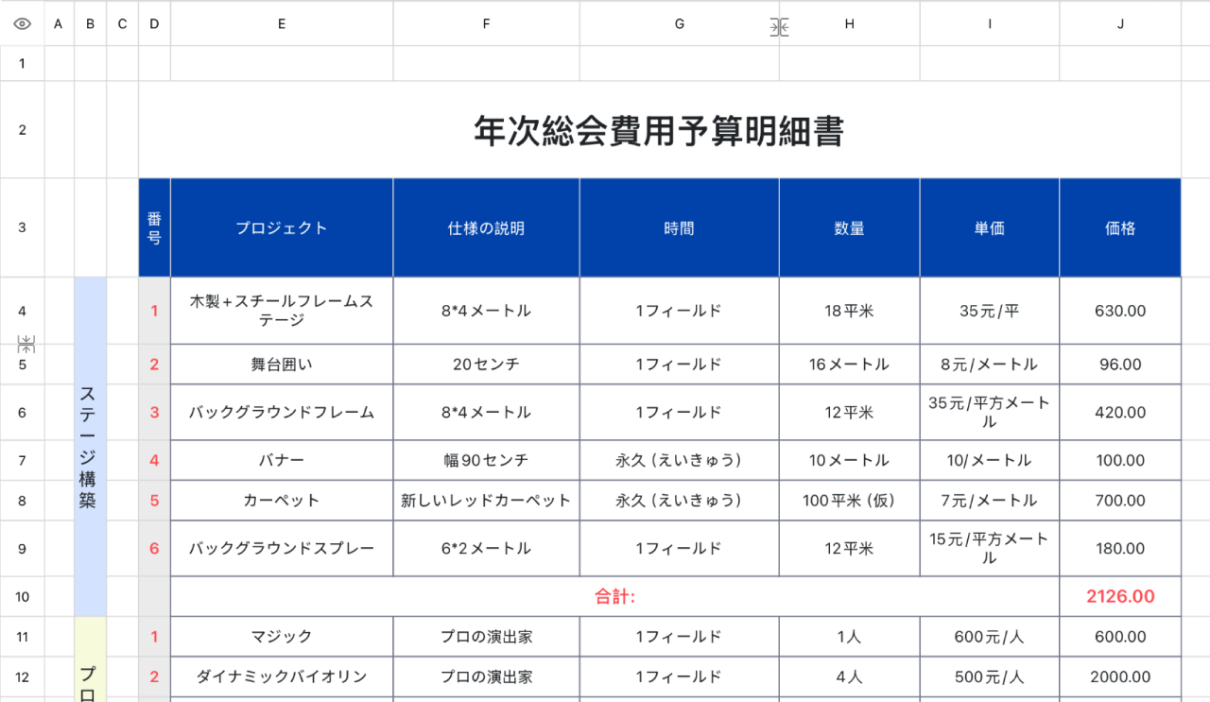 年次総会費用予算明細書