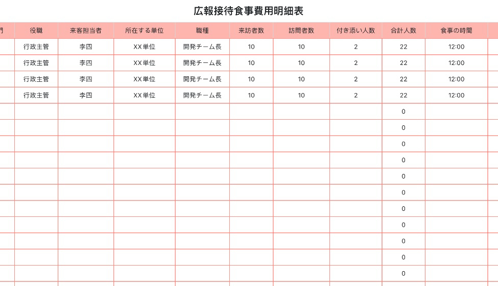 広報接待食事費用明細表