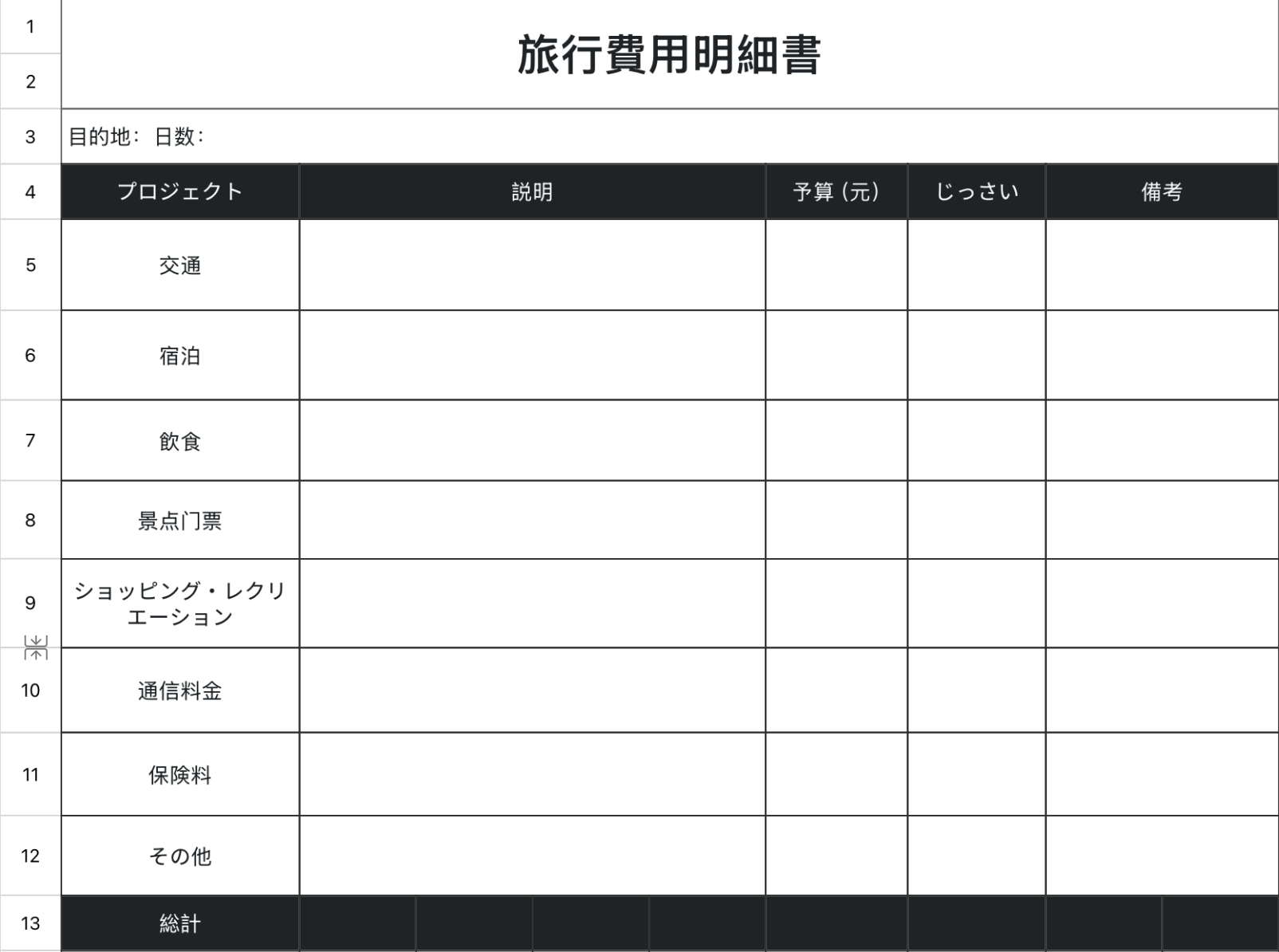 旅行費用明細表テンプレート