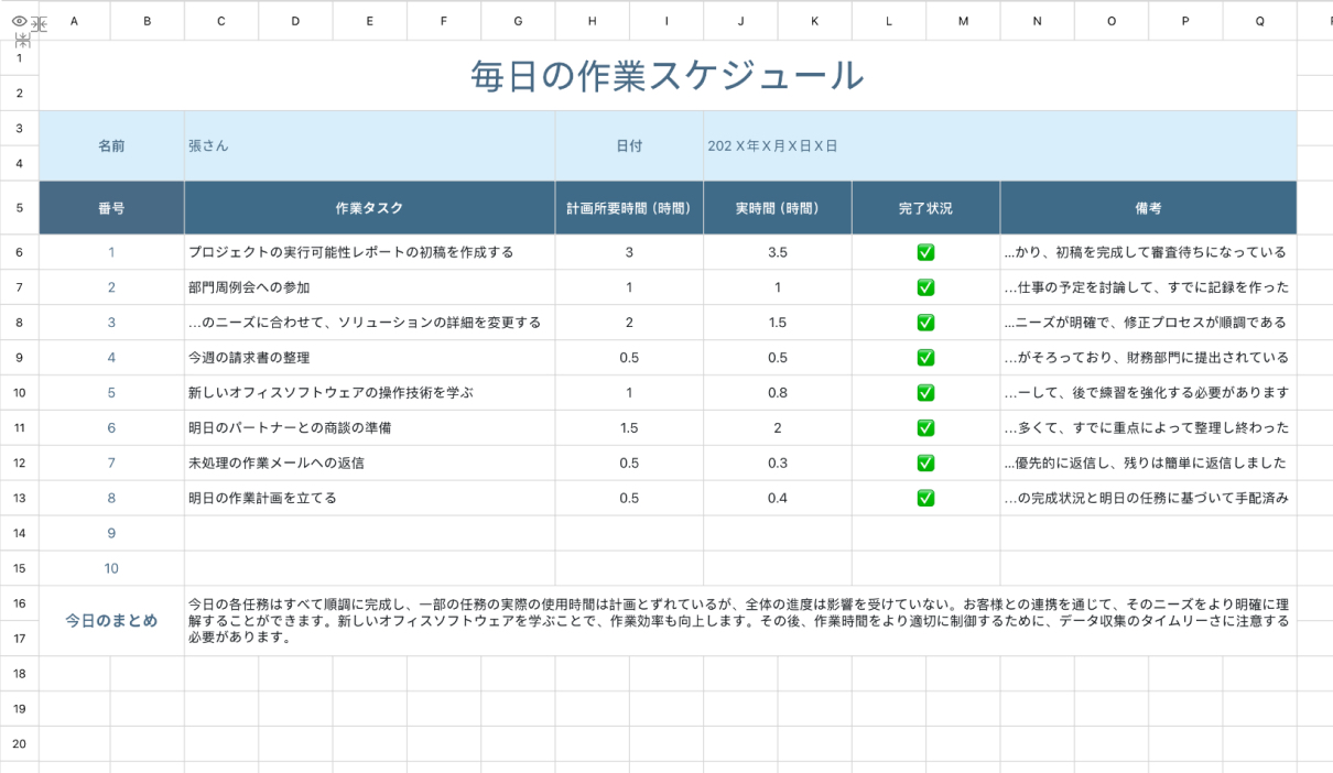 毎日の作業スケジュール