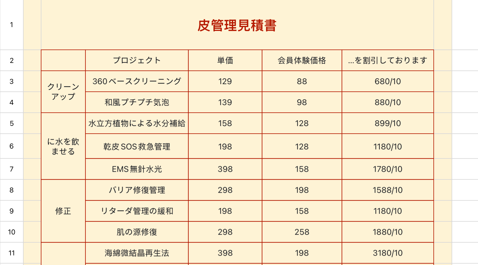 皮膚管理見積書