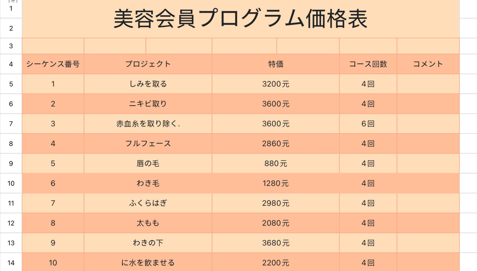 美容会員プログラム価格表
