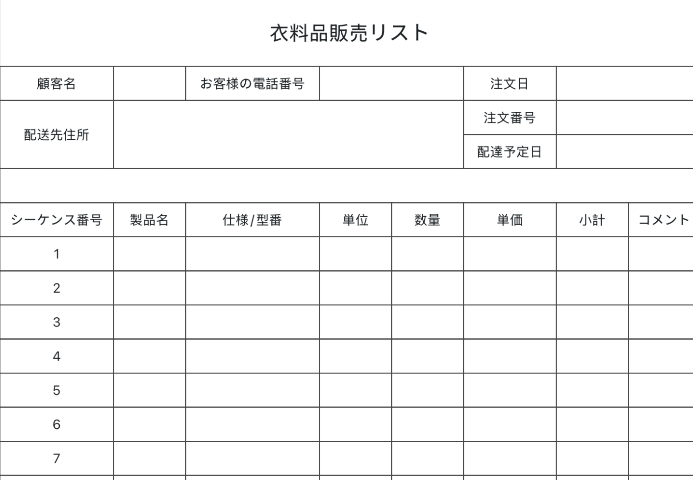 衣料品販売リスト