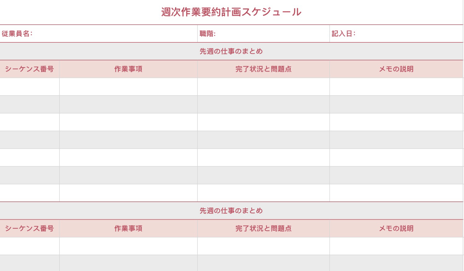 週次作業要約計画スケジュール