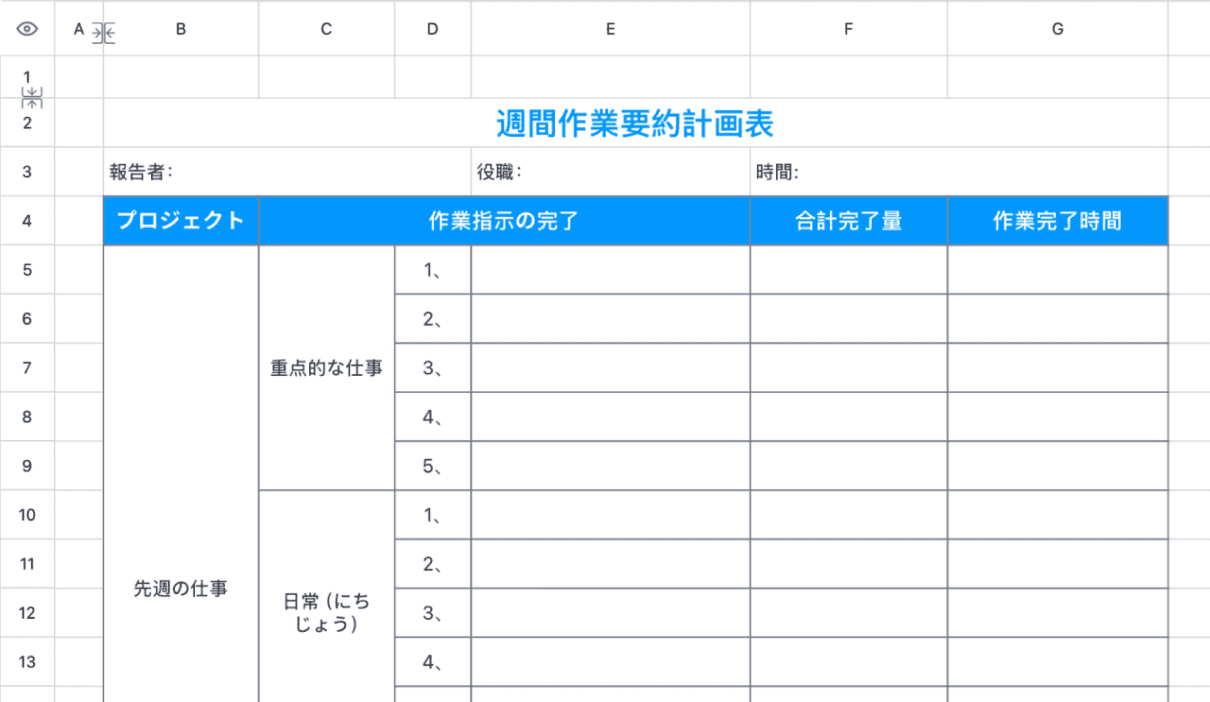 週間作業要約計画表