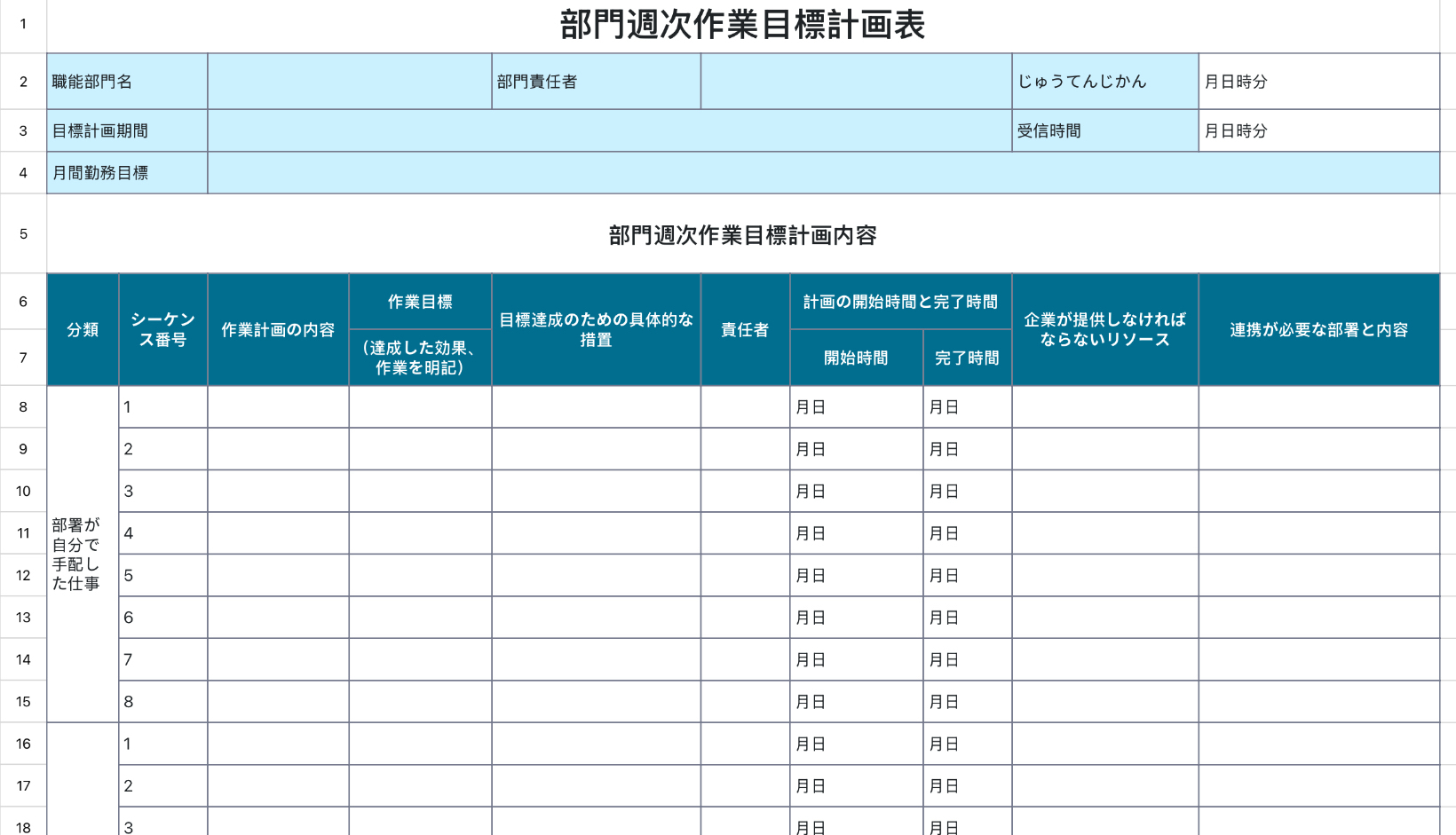 部門週次作業目標計画表