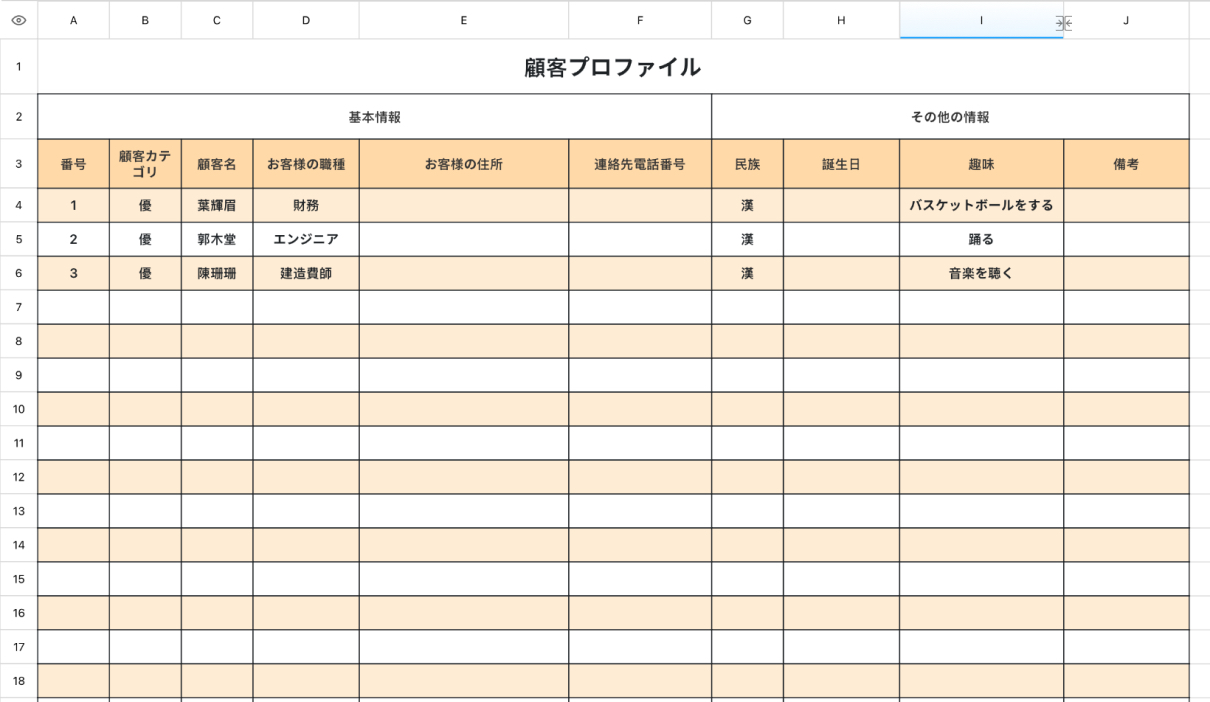 顧客プロファイル情報テーブル